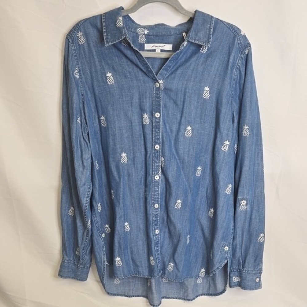 Foxcroft Carmen Pineapple Embroidered Tencel Button‎ Up Shirt, Blue White, 14